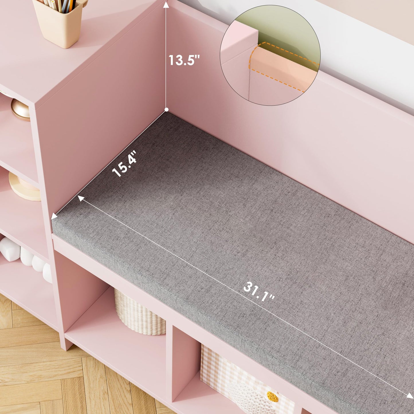 HOSTACK 67" Kids Reading Nook with Bench, Kids Bookshelf and Bookcase with Seat Cushion and 6 Storage Cubbies, Toy Storage Box on Wheels, Toy Chest for Playroom, Bedroom, School, White