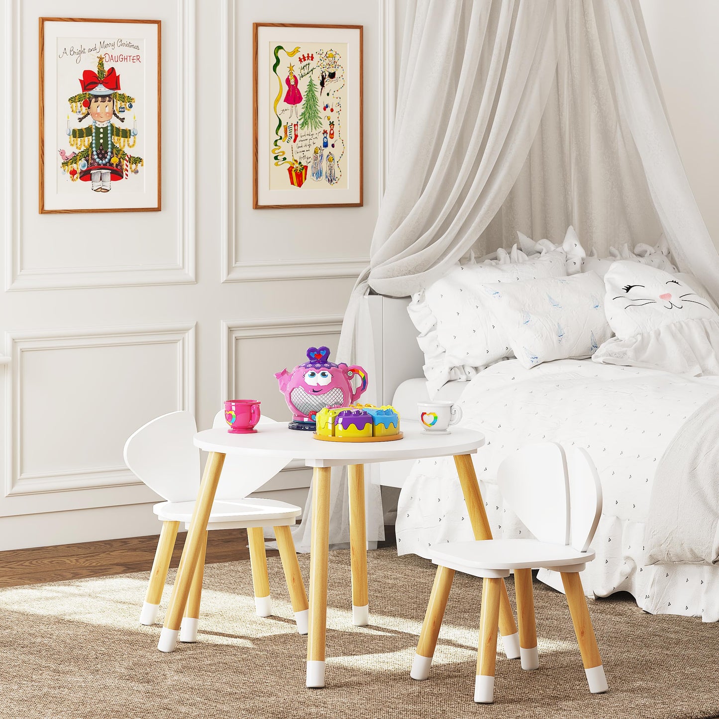 UTEX Kids Wood Table and Chair Set, Kids Play Table with 2 Chairs,3 Pieces Kids Round Table for Toddlers, Girls, Boys,White