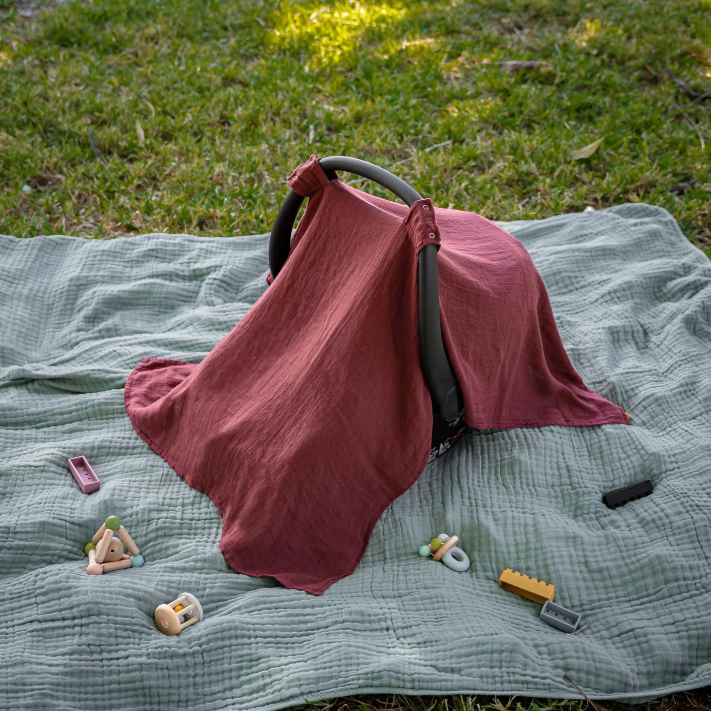 Comfy Cubs Baby Car Seat Cover - Soft, Breathable Bamboo Rayon and Muslin Cotton Blend - Lightweight Canopy for Sun, Bug, and Comfort Protection - Large Size Infant Seat Cover in Sage Design