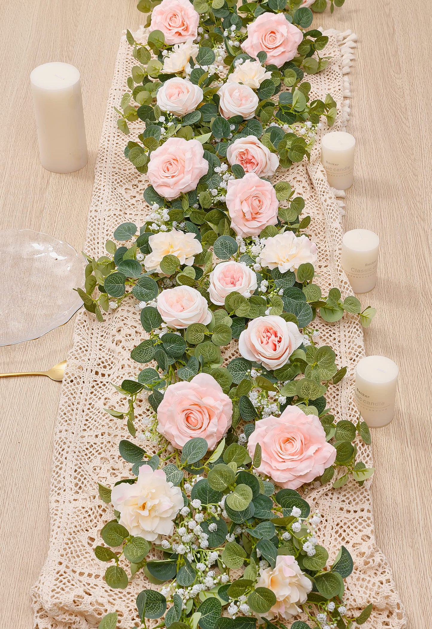 Anna's Whimsy 5.91FT Artificial Eucalyptus Garland with Flowers, Fake Flower Rose Gypsophila, Faux Floral Greenery Garland for Wedding Spring Home Party Craft Art Table Runner Decor