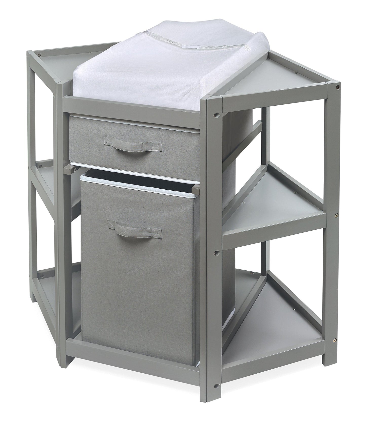 Badger Basket Diaper Corner Baby Changing Table – Space-Saving White Nursery Station with Hamper, Basket & Changing Pad