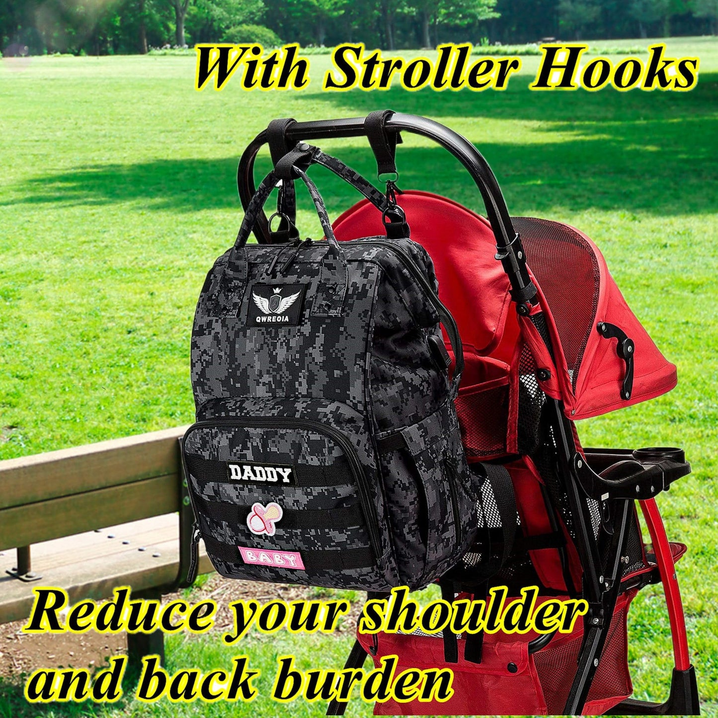 Diaper Bag Backpack for Dad and Mom with USB Charging Port Stroller Straps and Insulated Pocket,army military Travel Nappy Backpack for Daddy/Mommy (Black)