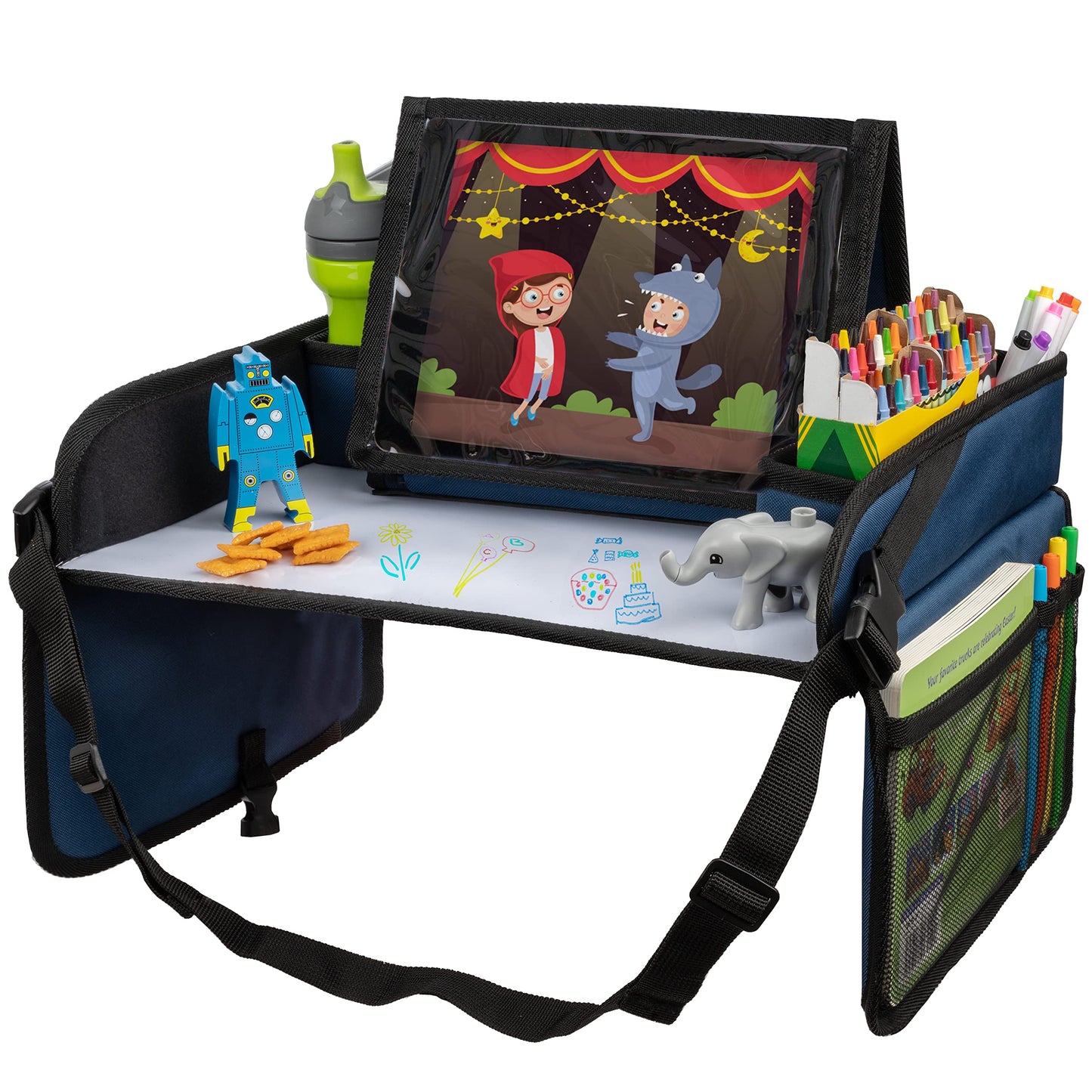 Lusso Gear Kids Travel Tray 2-Pack for Car Seats - Car Seat Tray with Tablet Stand, Mesh Pockets and Cup Holder - Road Trip Essentials Organizer and Activity Desk (Black)