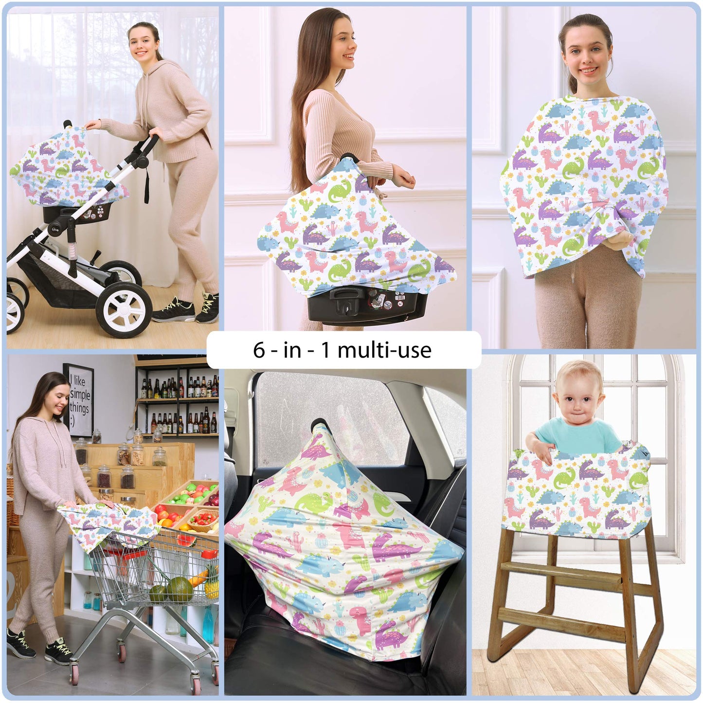 Car Seat Covers Canopy Cover - Multi-use Cover Carseat Canopy, Breathable Breastfeeding Cover, Car Seat Covers for Bbies, Boys & Girls Shower Gifts (Dark Blue Dinosaur)