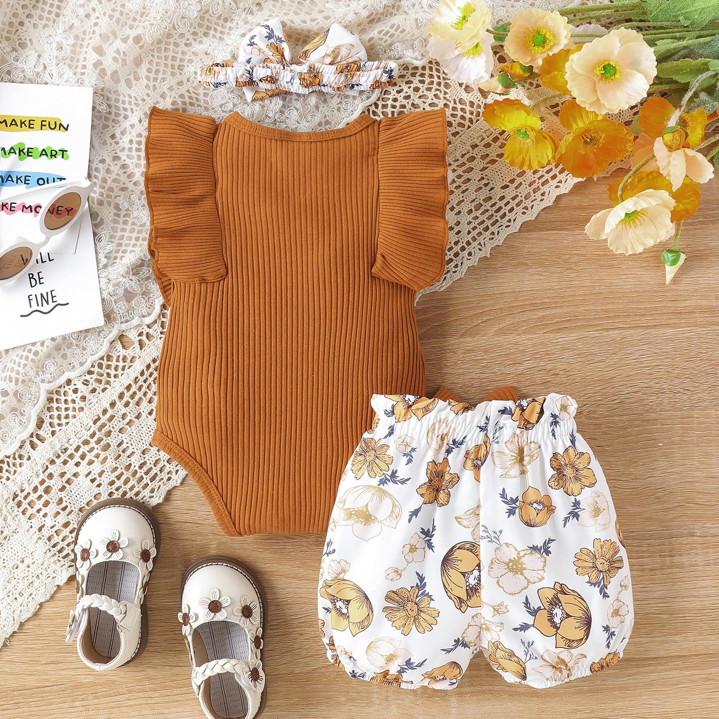 Newborn Baby Girl Clothes Outfits Ruffle Romper and Short Pant Sets with Headband Infant Bodysuits