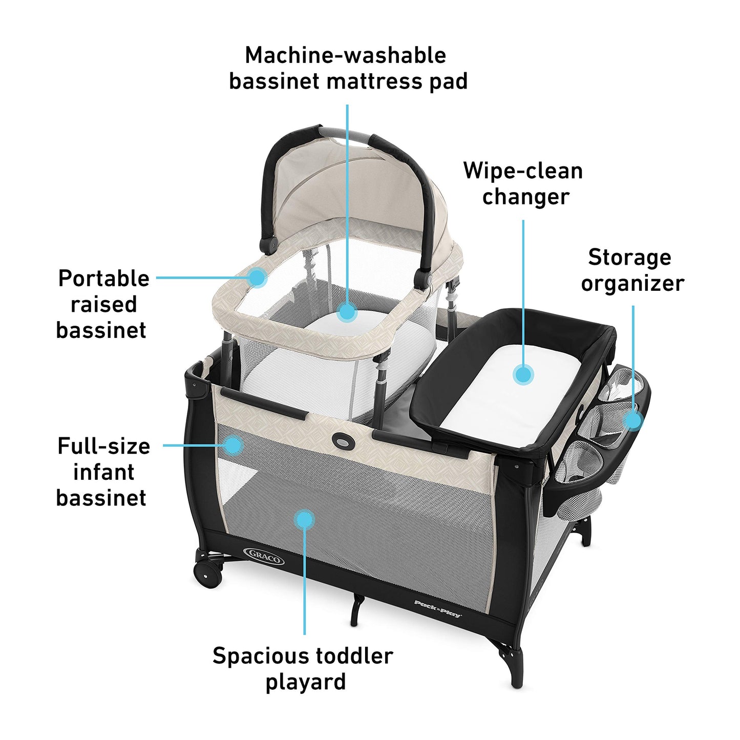 Graco On The Go Zip Pack ‘n Play Playard, Folding Playpen with Bassinet, Portable Crib, Reeves