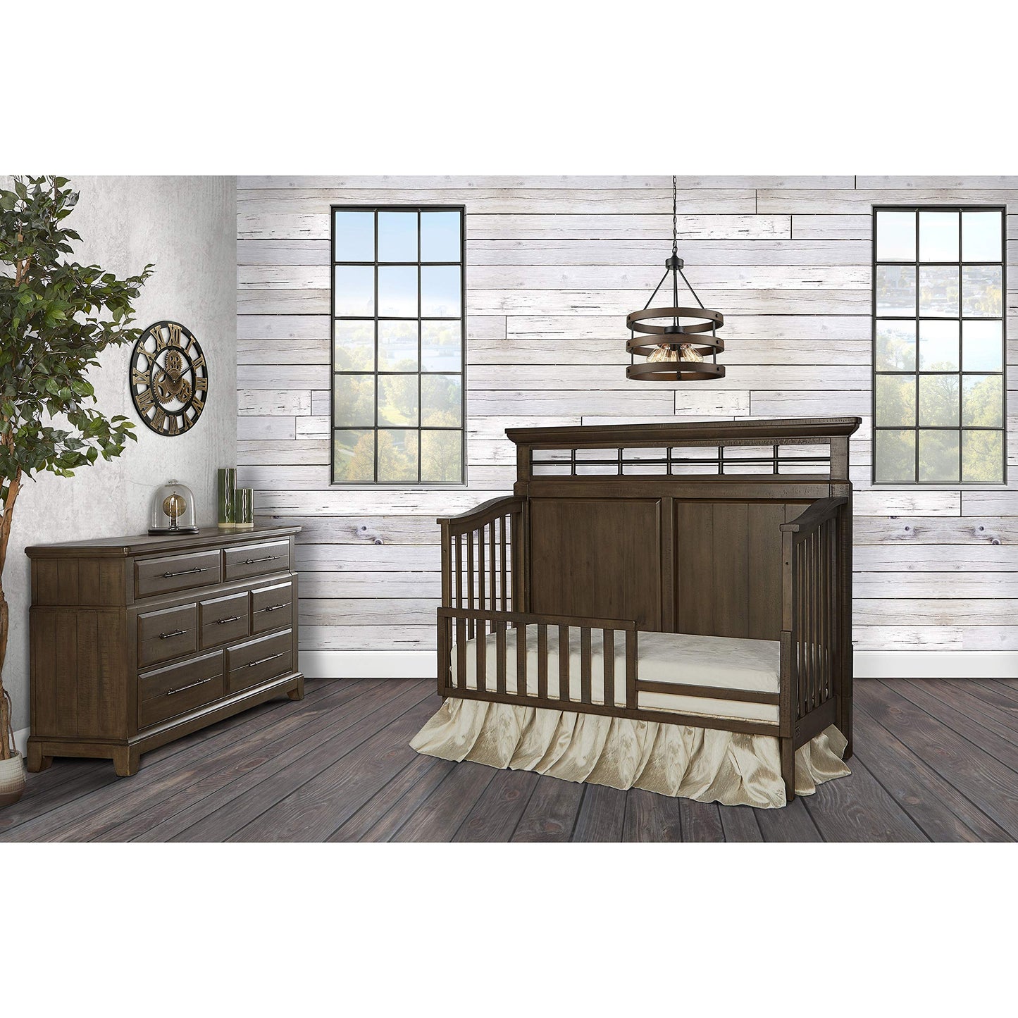 Evolur Empire 5-in 1 Convertible Crib with Metal Elements in Distressed Timber, Green Guard Certificated, Free Mattress