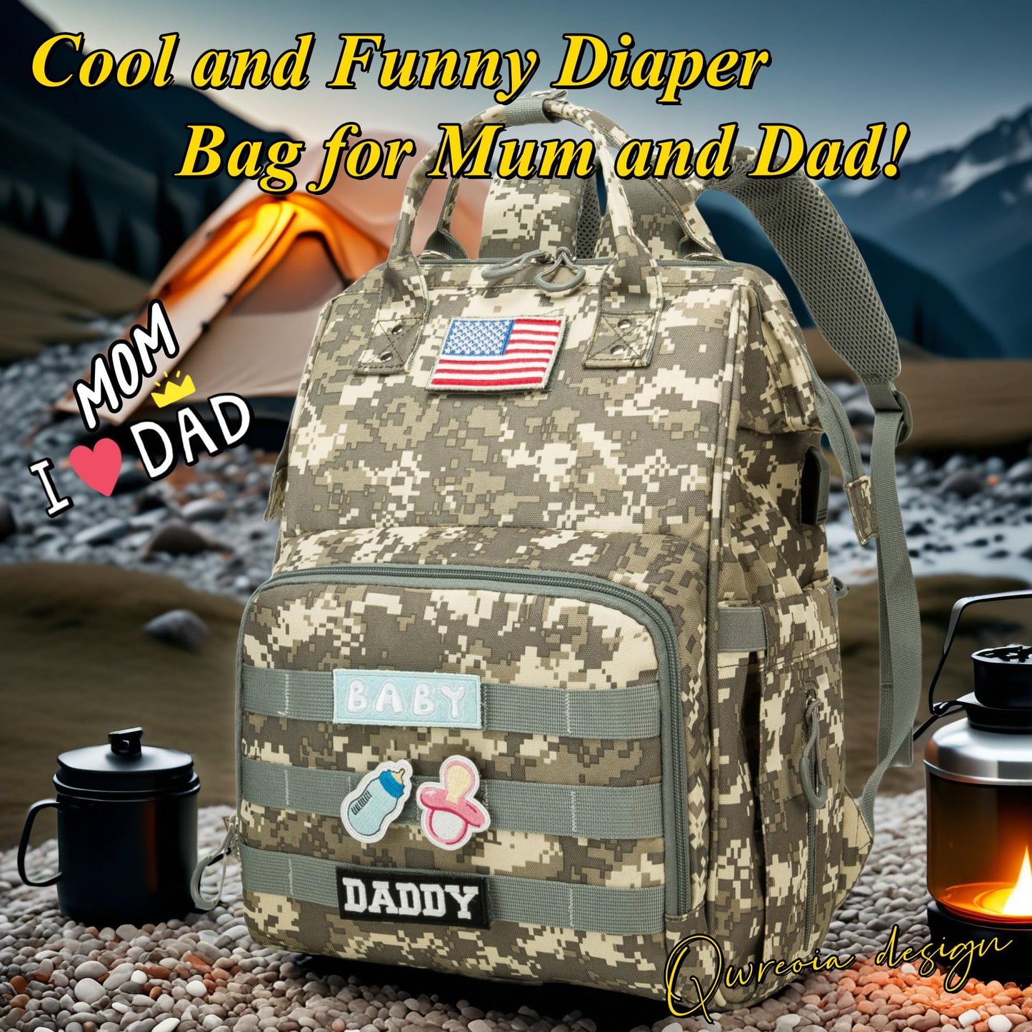 Diaper Bag Backpack for Dad and Mom with USB Charging Port Stroller Straps and Insulated Pocket,army military Travel Nappy Backpack for Daddy/Mommy (Black)