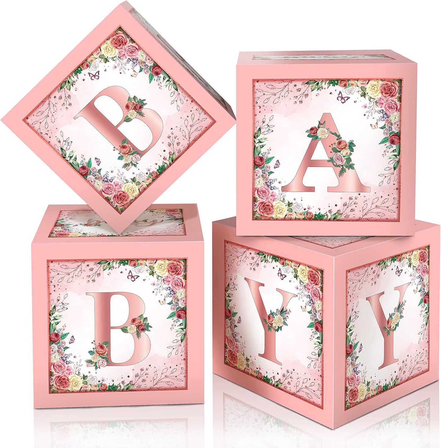 Floral Baby Shower Box Birthday Party Decoration Pink Balloon Blocks First Birthday Centerpiece Decor for Girls Rose Gold Gender Reveal Party Supplies…