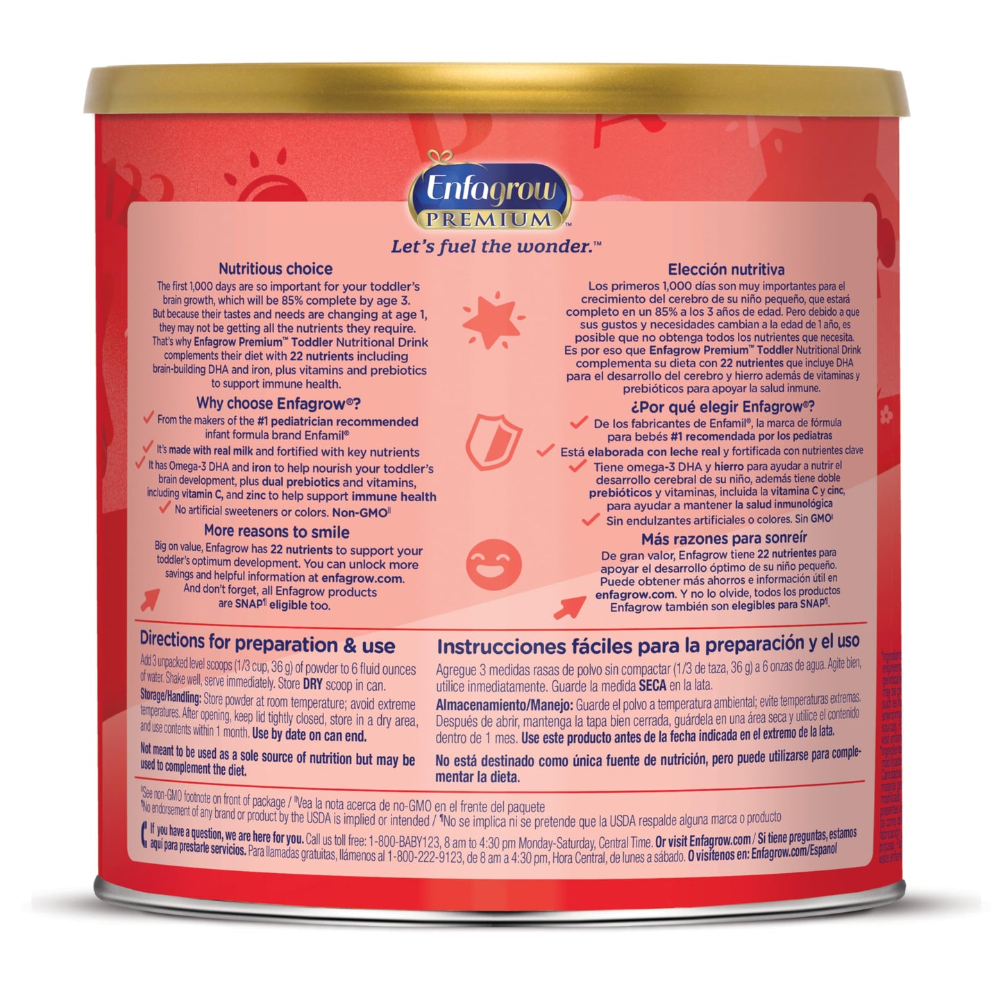 Enfagrow PREMIUM Toddler Nutritional Drink, Made with Real Milk, Brain-Building Omega-3 DHA, Nutrients and Prebiotics for Growth & Immune Support, Non-GMO, Toddler Milk Powder, 24 Oz Can