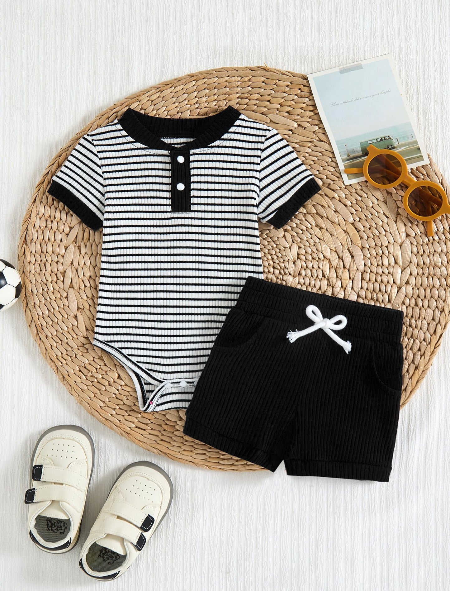 Baby Boy Outfits Ribbed Short Sleeve Striped Romper Top Solid Shorts with Pocket Baby Boy Summer Clothes 0-18M