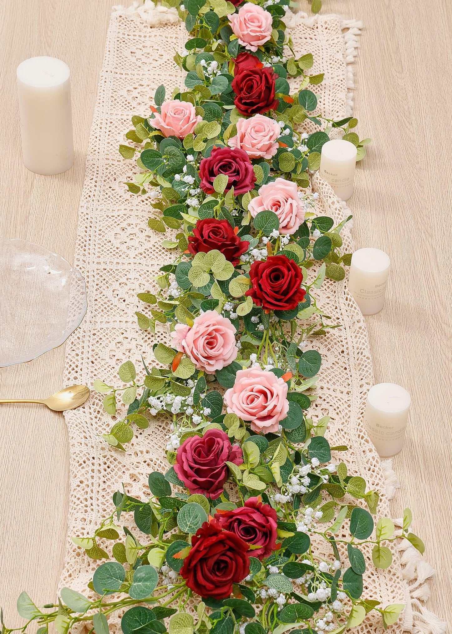 Anna's Whimsy 5.91FT Artificial Eucalyptus Garland with Flowers, Fake Flower Rose Gypsophila, Faux Floral Greenery Garland for Wedding Spring Home Party Craft Art Table Runner Decor