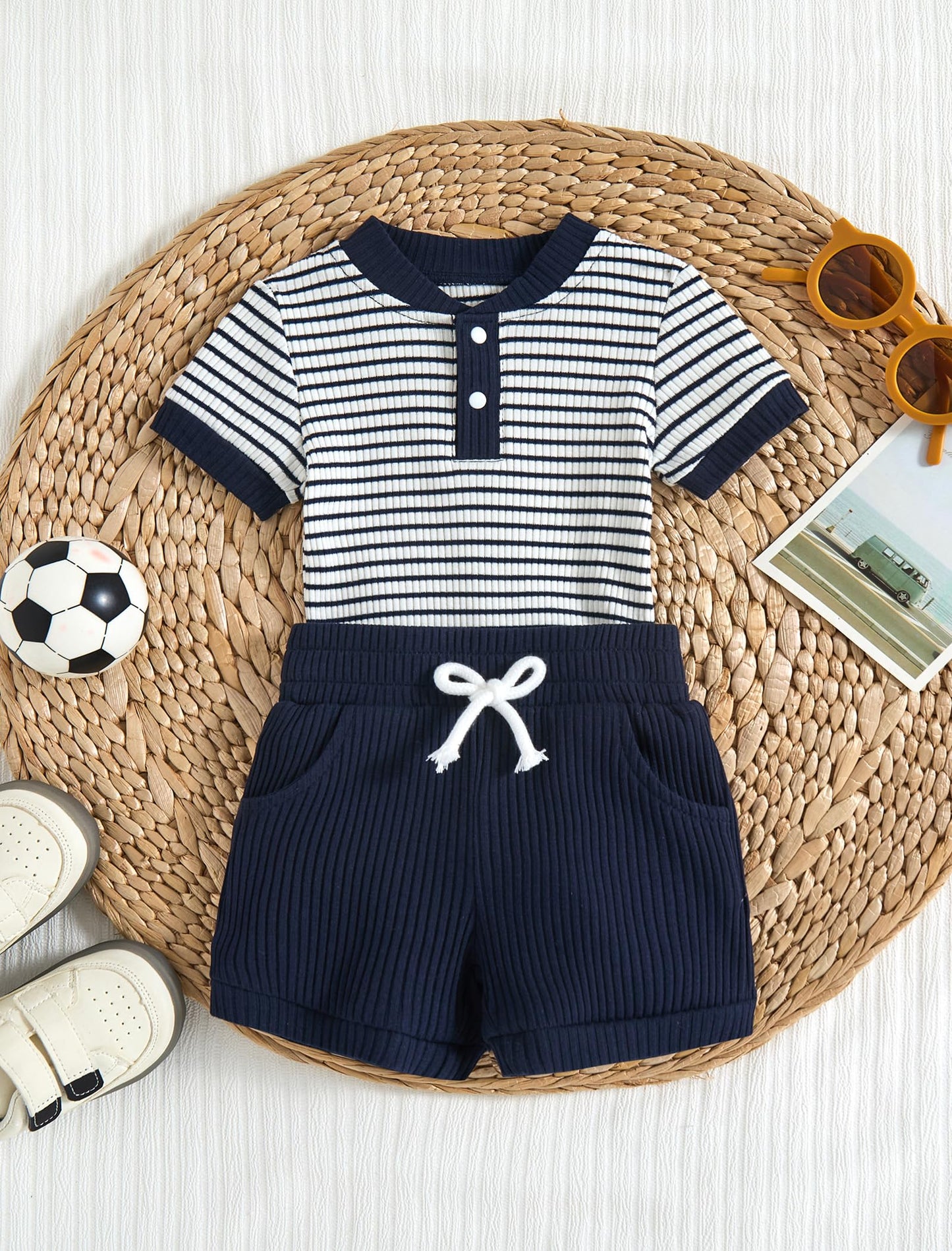 Baby Boy Outfits Ribbed Short Sleeve Striped Romper Top Solid Shorts with Pocket Baby Boy Summer Clothes 0-18M