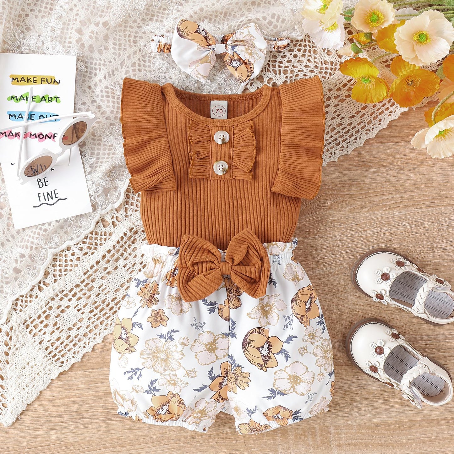 Newborn Baby Girl Clothes Outfits Ruffle Romper and Short Pant Sets with Headband Infant Bodysuits