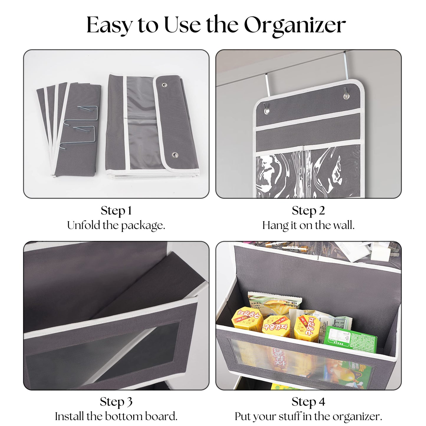 Over Door Organizer with 4 Large Capacity Pockets, Hanging Organizer Storage for Closet Bathroom Nursery Bedroom Dorm, Toys Cosmetics Sundries and Baby Essentials, Gray