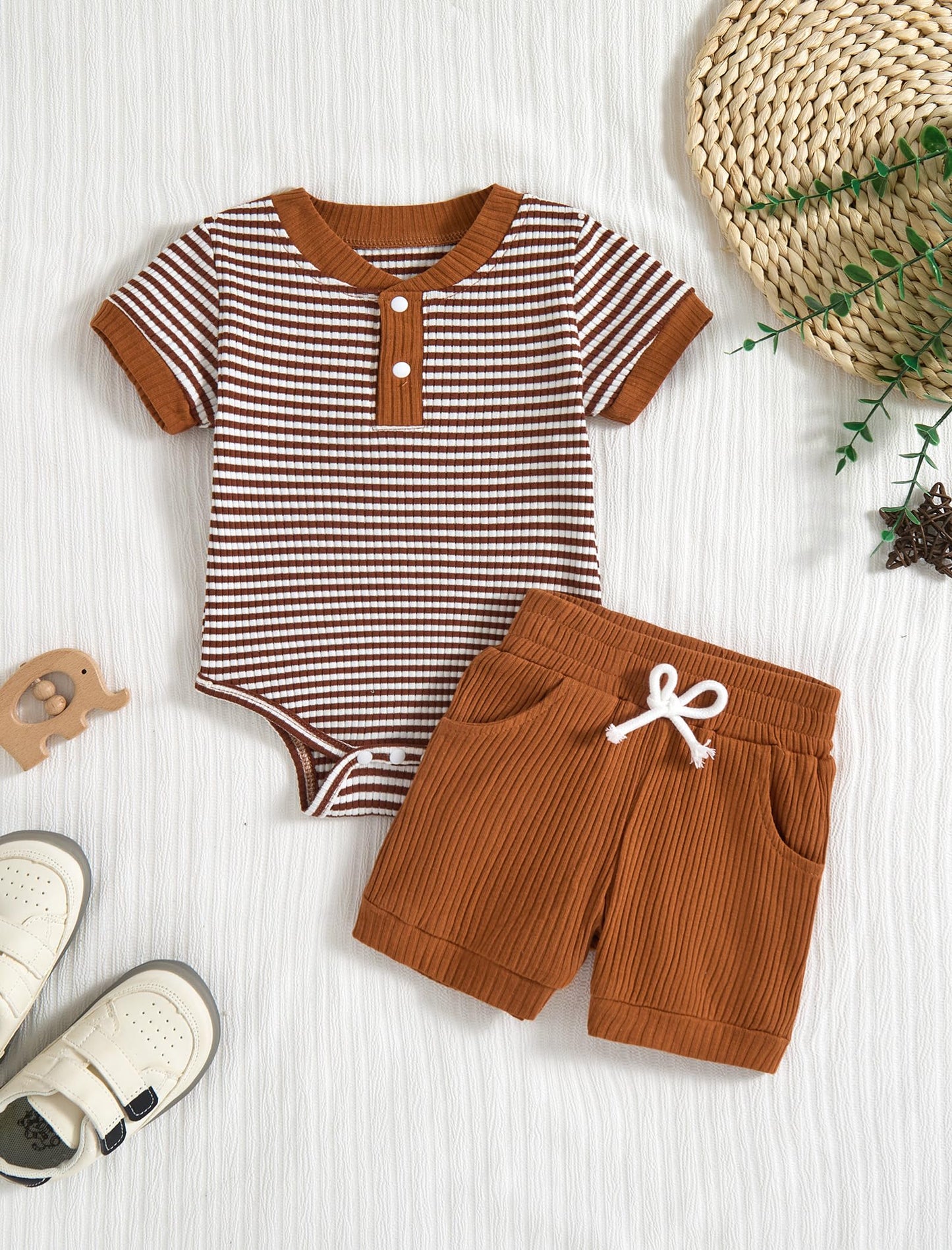 Baby Boy Outfits Ribbed Short Sleeve Striped Romper Top Solid Shorts with Pocket Baby Boy Summer Clothes 0-18M
