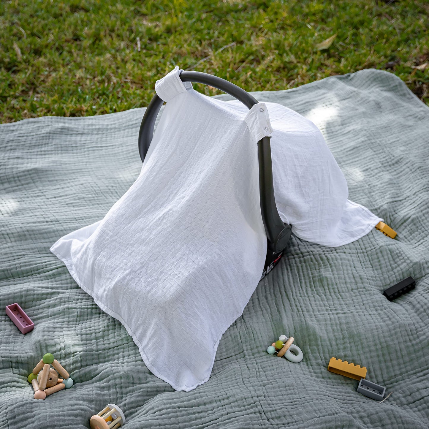 Comfy Cubs Baby Car Seat Cover - Soft, Breathable Bamboo Rayon and Muslin Cotton Blend - Lightweight Canopy for Sun, Bug, and Comfort Protection - Large Size Infant Seat Cover in Sage Design