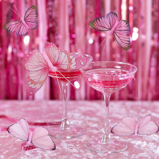 Berfutall-Artificial Feather 3D Butterfly Party Decorations Set of 12 with Wire 6 Pink Color Ornaments for Christmas Tree