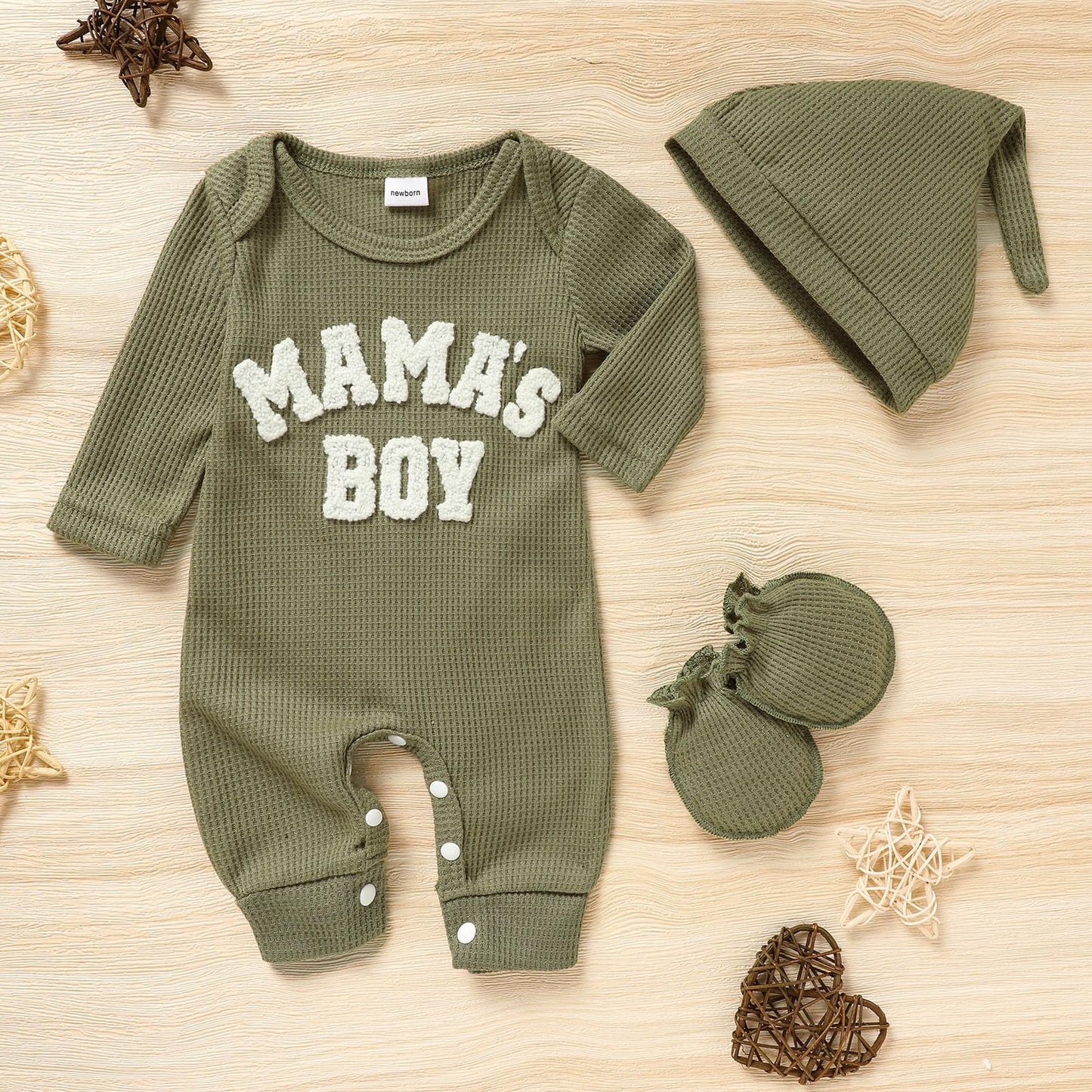 GRNSHTS Newborn Baby Boy Romper Coming Home Outfits Letter Print Bodysuit Jumpsuit+Hat+Gloves 3PCS Clothes Set