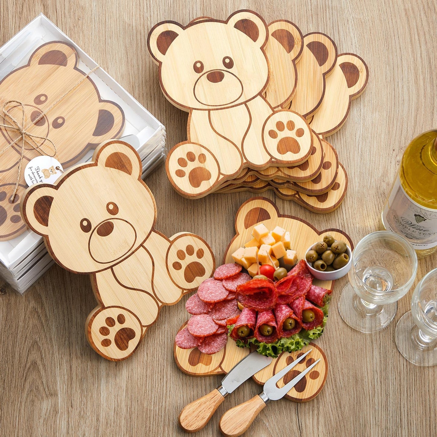 1 Set Baby Shower Party Favors Bear Shaped Cheese Board Set, Include Small Wood Cutting Charcuterie Boards with Knives and Forks Gift Box for Wedding Bridal Shower Birthday (Acacia Color)