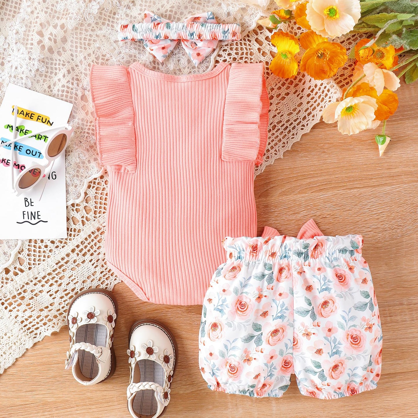 Newborn Baby Girl Clothes Outfits Ruffle Romper and Short Pant Sets with Headband Infant Bodysuits
