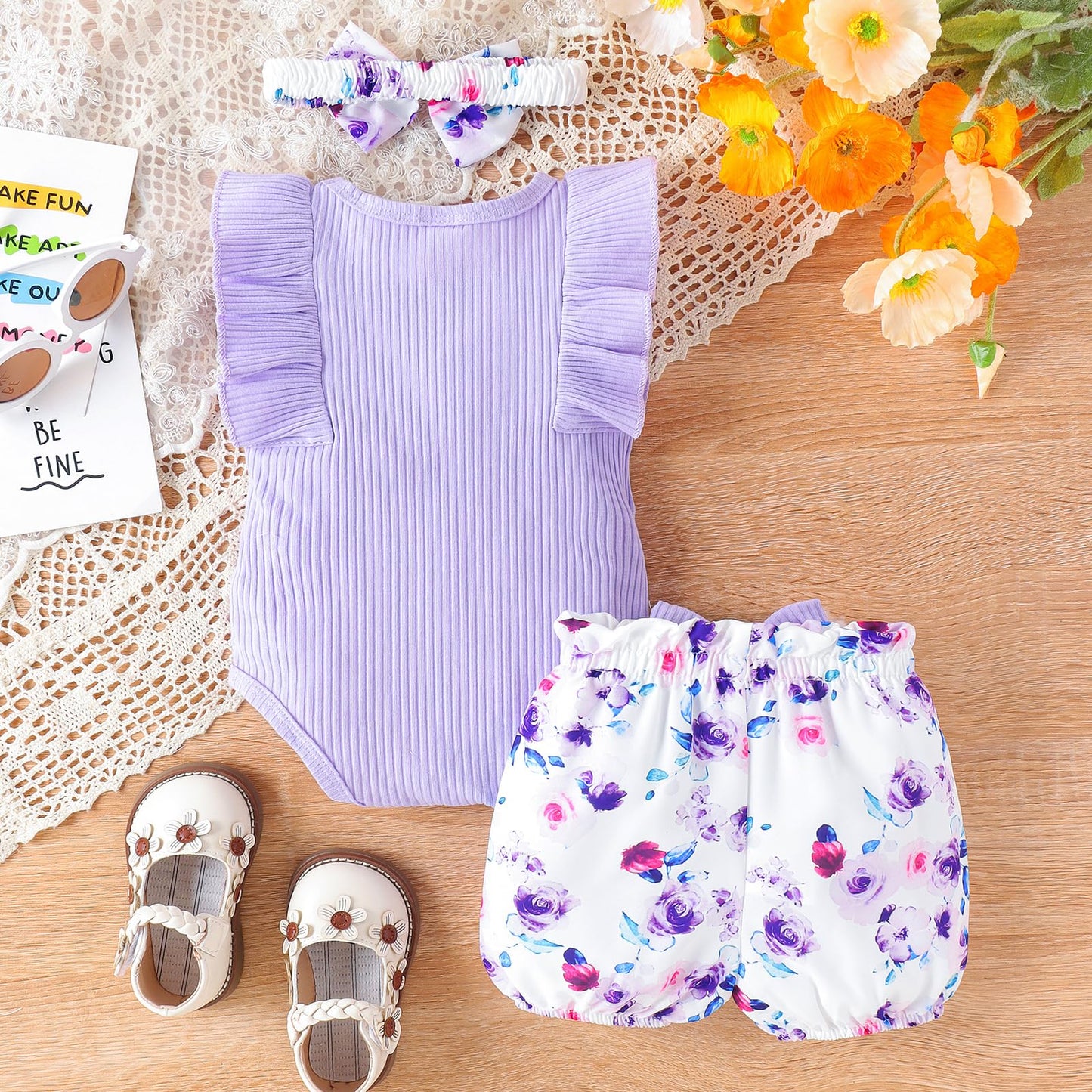 Newborn Baby Girl Clothes Outfits Ruffle Romper and Short Pant Sets with Headband Infant Bodysuits