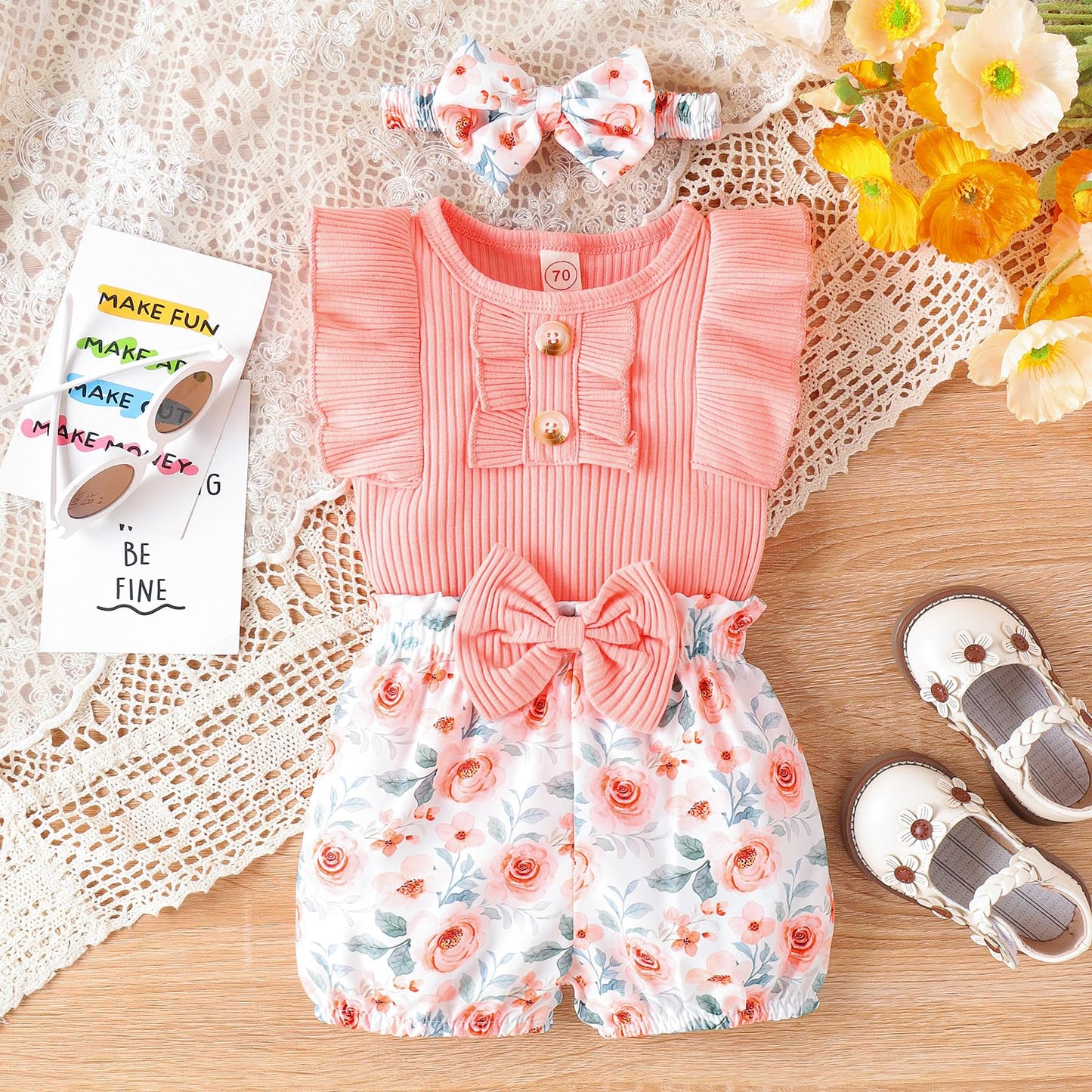 Newborn Baby Girl Clothes Outfits Ruffle Romper and Short Pant Sets with Headband Infant Bodysuits