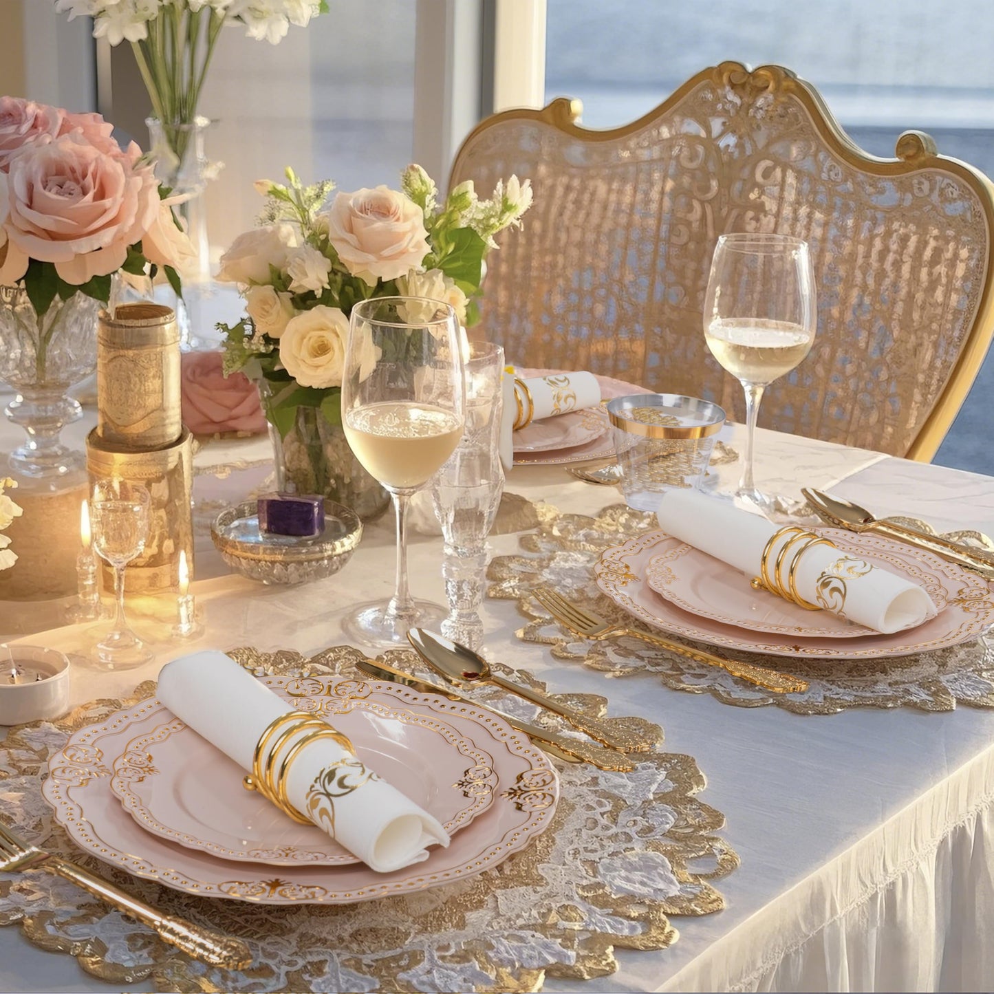 Ciaell 175 PCS White and Gold Plastic Plates - Fancy Gold Disposable Dinnerware Set with of 25 Dinner Plates, 25 Salad Plates, 25 Knives, 25 Forks, 25 Spoons, 25 Cups, 25 Napkins for Weddings Party