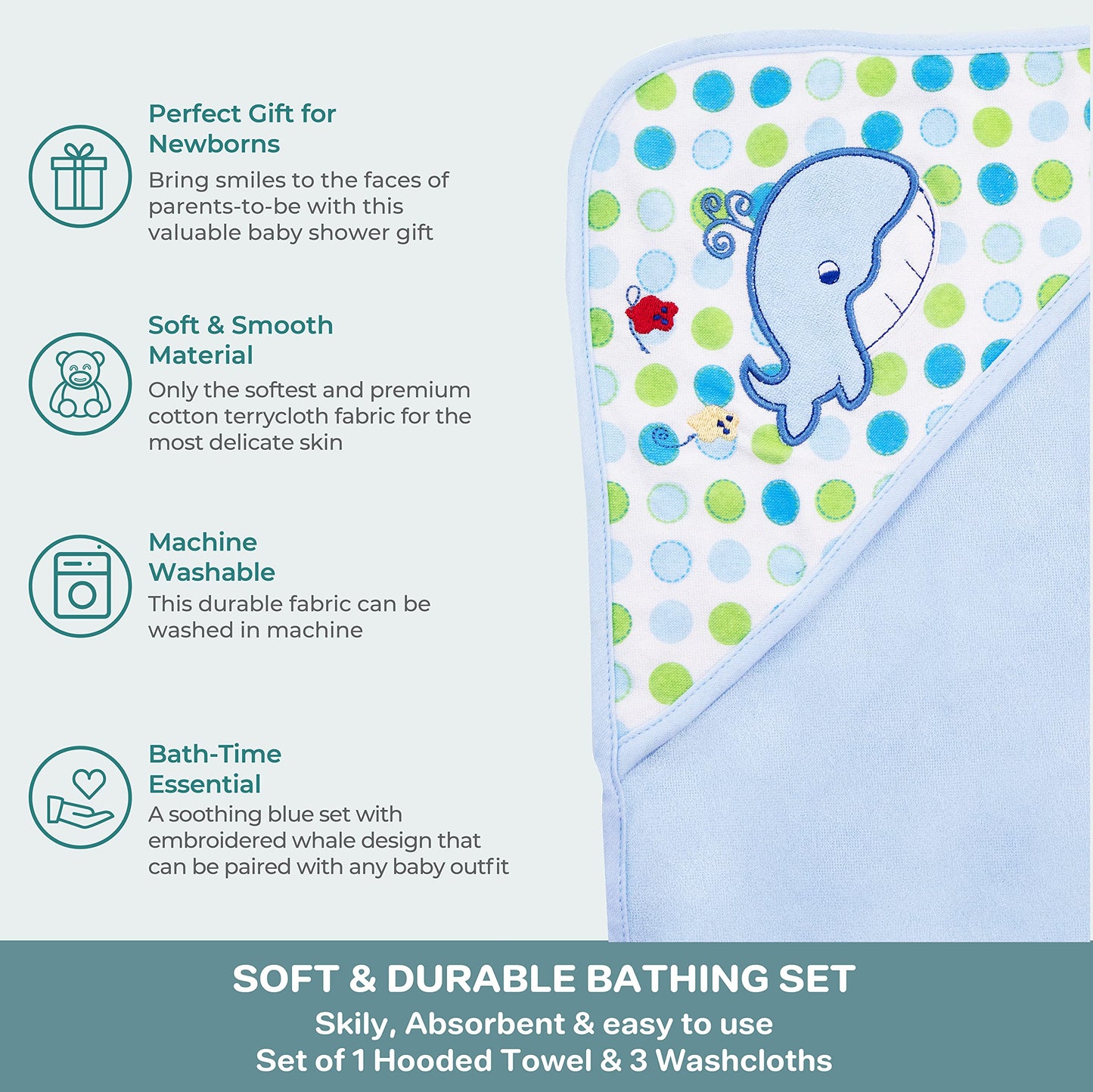 Spasilk Baby Bath Hooded Terry Towel with 3 Washcloths, Baby Bath Essentials, One Size, Blue Whale