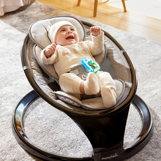 Munchkin Baby Swing, Portable and Lightweight, Bluetooth Enabled Electric Infant Rocker with Natural Sway in 5 Ranges of Motion, Newborn Nursery Essentials, Black/Grey