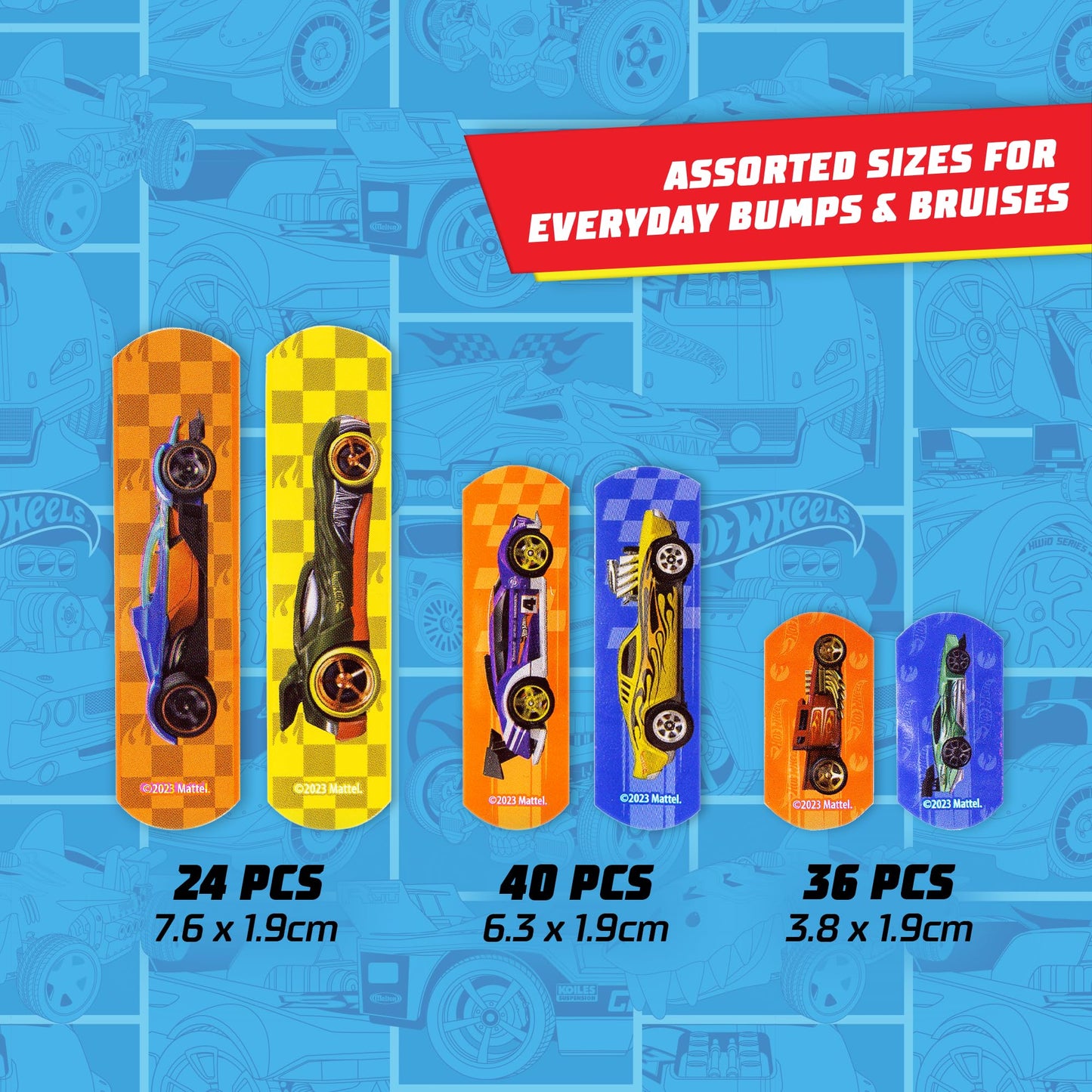 Hot Wheels Bandage Kit, Bandaids for Kids, Ideal for Boys, Infants and Children, Latex-Free Band Aids, Ft a Collectible Hot Wheels Tin Case, Variety Pack with 3 Assorted Sizes, 100 ct.