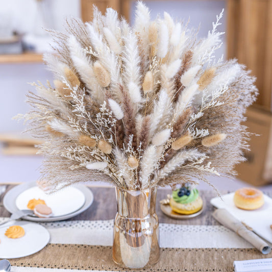95 PCS Natural Pampas Grass Decor Bouquet | Boho Dried Floral Arrangement Centerpiece Table Decor Wedding Decor Rustic Decor, Natural, white, beige (Fdm-b-01)