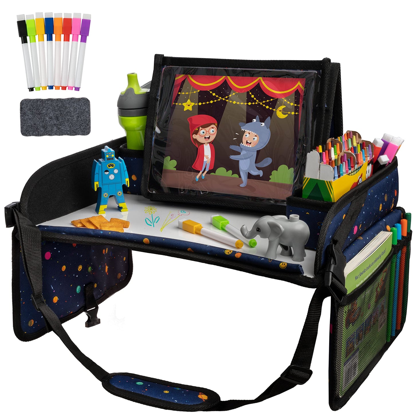 Lusso Gear Kids Travel Tray 2-Pack for Car Seats - Car Seat Tray with Tablet Stand, Mesh Pockets and Cup Holder - Road Trip Essentials Organizer and Activity Desk (Black)