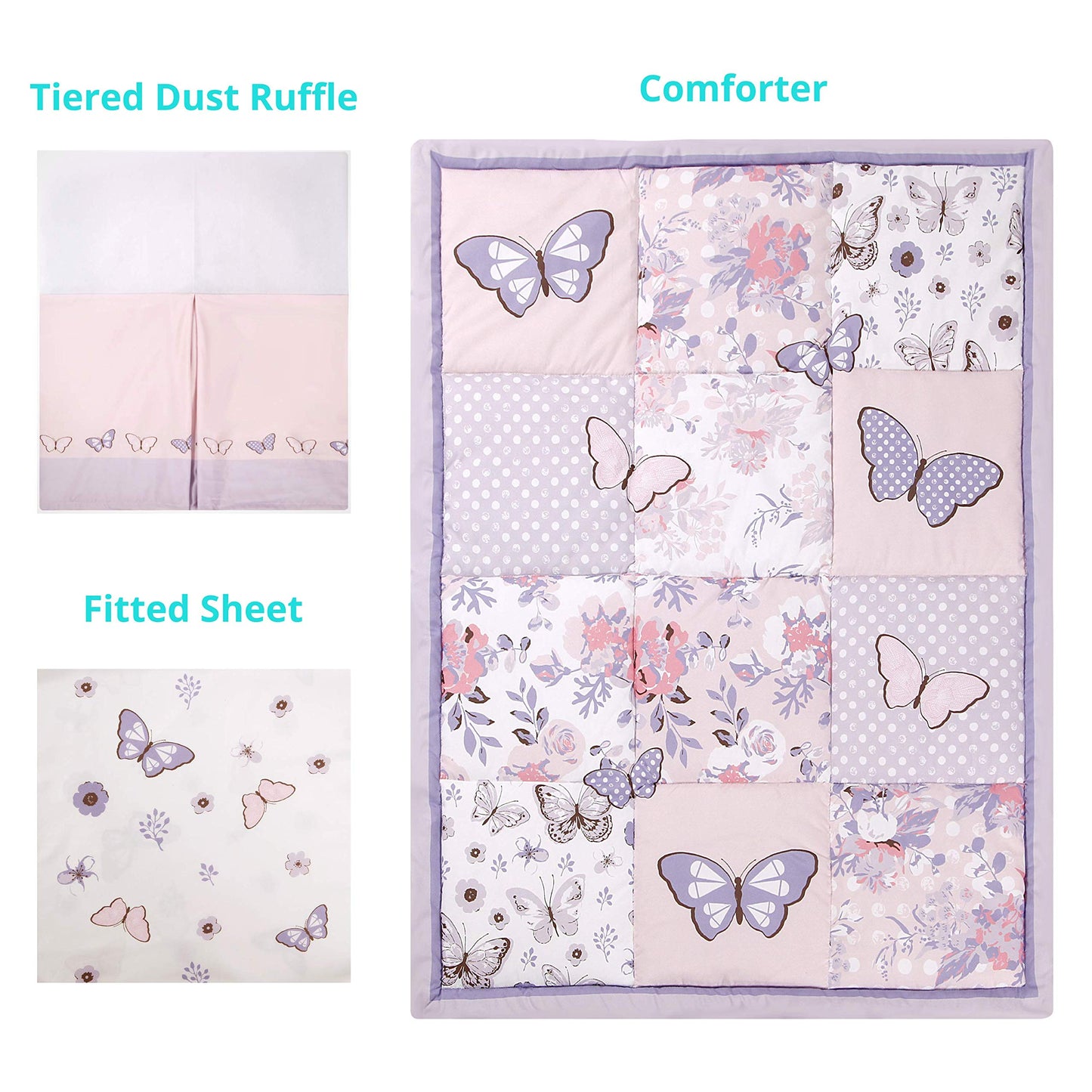 La Premura 3-Piece Purple Butterfly Baby Crib Bedding Set for Girls, Lilac Standard Size Crib Set for Baby Girl, Comforter, Fitted Sheet, and Dust Ruffle Skirt, Baby Nursery Floral Design for Girls