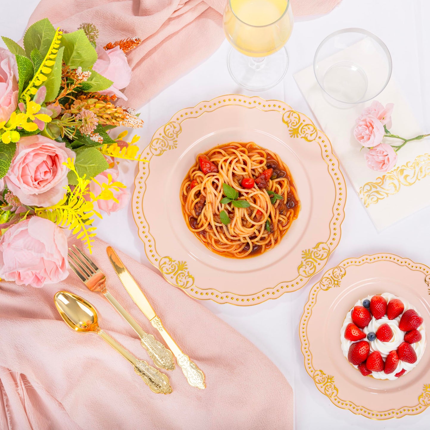 Ciaell 175 PCS White and Gold Plastic Plates - Fancy Gold Disposable Dinnerware Set with of 25 Dinner Plates, 25 Salad Plates, 25 Knives, 25 Forks, 25 Spoons, 25 Cups, 25 Napkins for Weddings Party