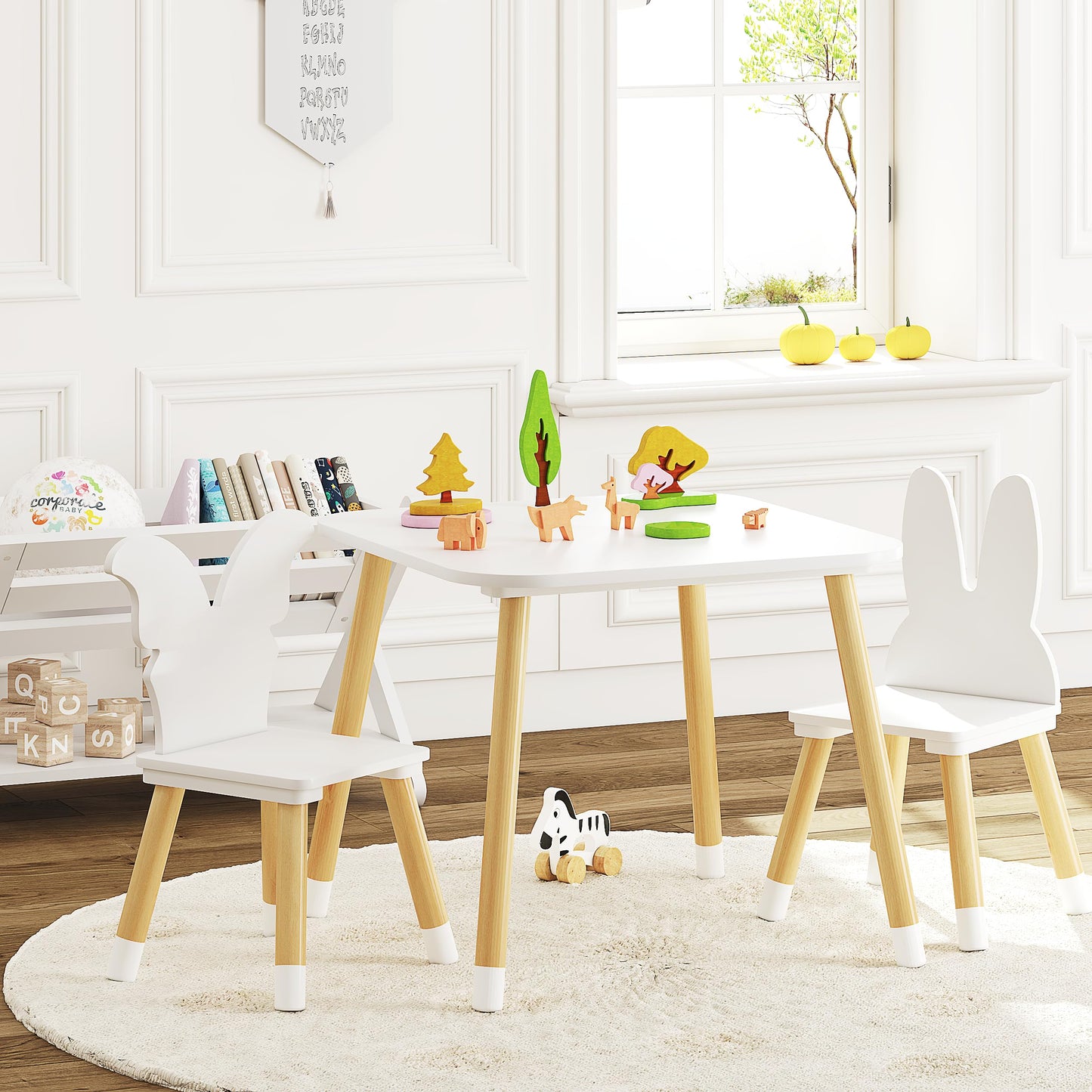 UTEX Kids Wood Table and Chair Set, Kids Play Table with 2 Chairs,3 Pieces Kids Round Table for Toddlers, Girls, Boys,White