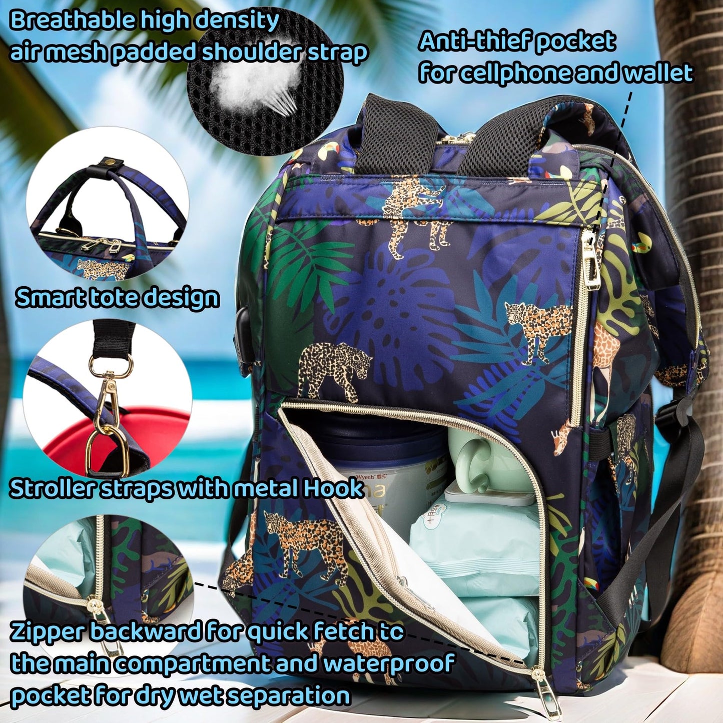 Diaper Bag Backpack for Dad and Mom with USB Charging Port Stroller Straps and Insulated Pocket,army military Travel Nappy Backpack for Daddy/Mommy (Black)