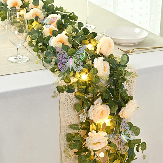 Yastouay 6.4 Ft Fuller Artificial Eucalyptus Garland with Champagne Flowers Fake Rose Vine for Table Centerpiece Wedding Baby Shower Party Room Backdrop Decor