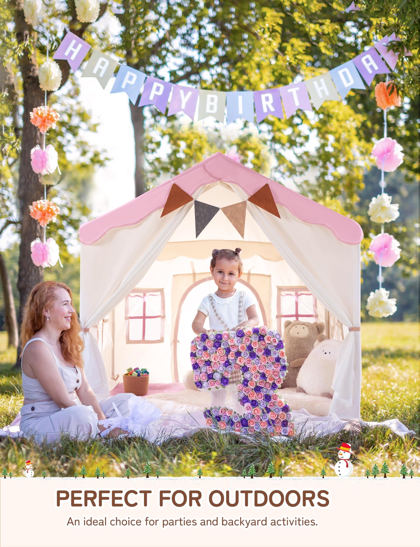 BESREY Kids Play Tent - 2 in 1 with Padded Mat & Lights, Large Playhouse with 2 Doors & 4 Windows, Indoor & Outdoor, Christmas Toddler Play Tent, 51" x 35" x 51