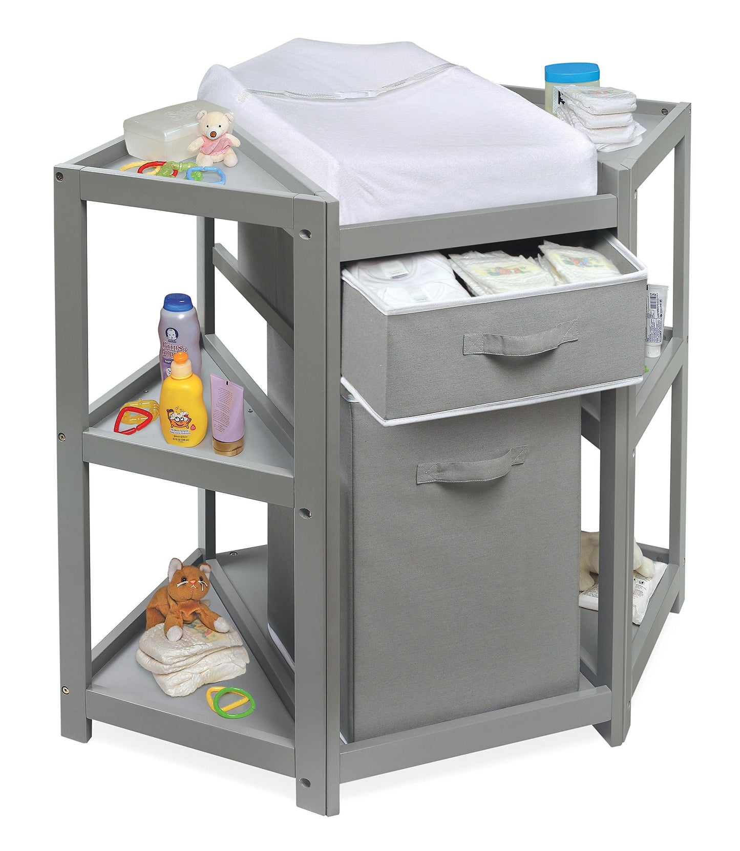 Badger Basket Diaper Corner Baby Changing Table – Space-Saving White Nursery Station with Hamper, Basket & Changing Pad