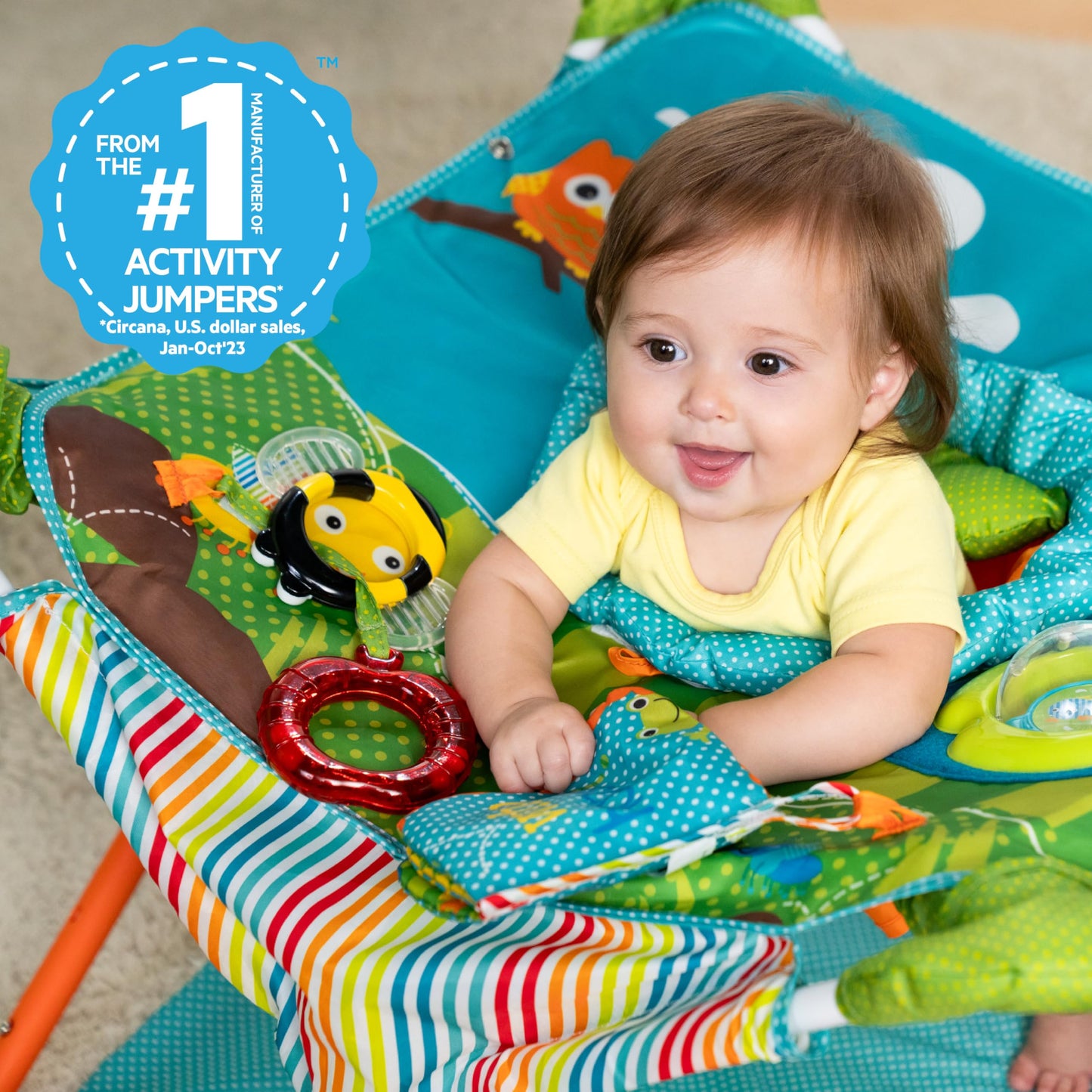 Bright Starts Pop 'N Jump Portable Activity Jumper, Indoor/Outdoor Use, Owl Forest with 4 Sensory Toys, Ages 6-12 Months