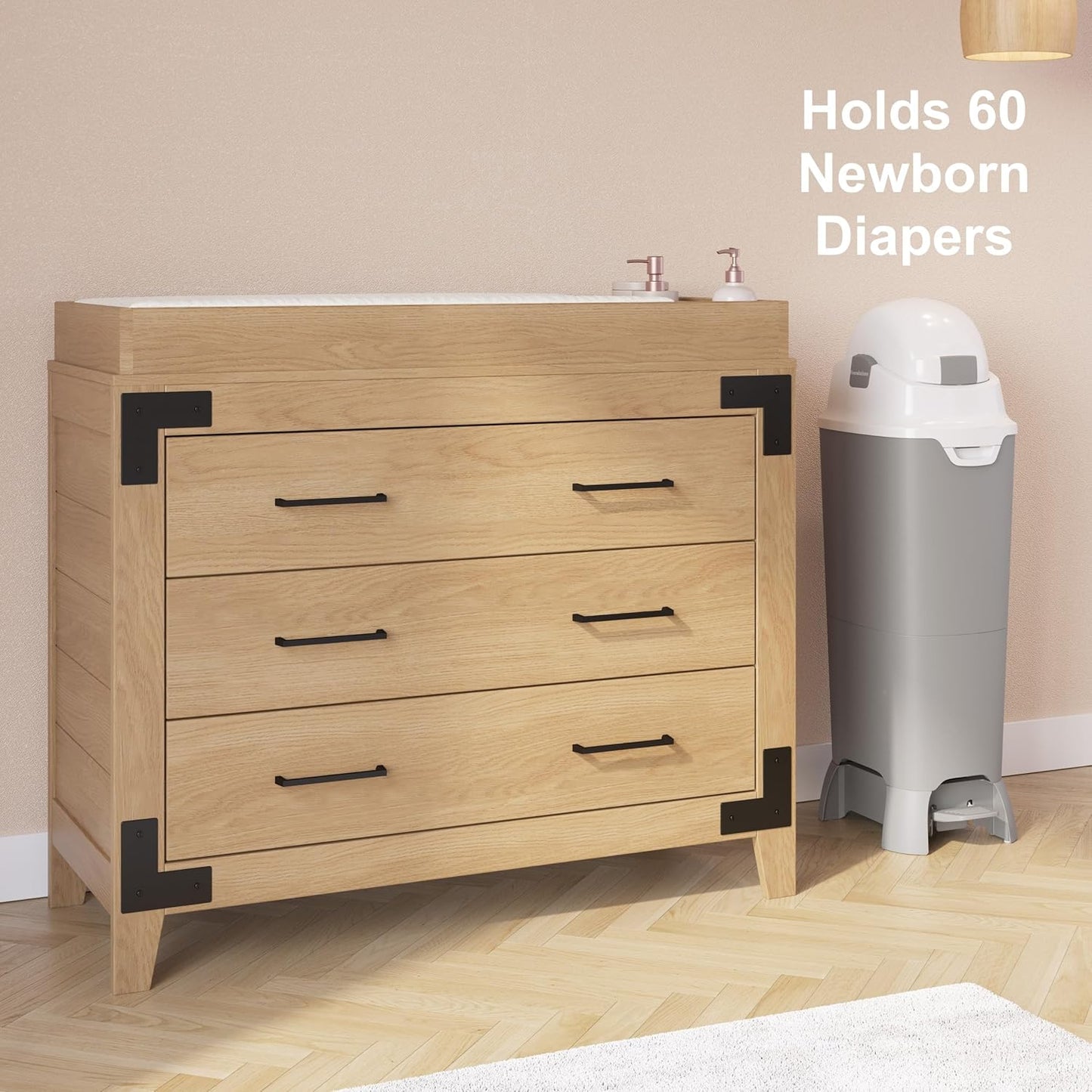 Foundations Hands Free Tall Diaper Pail with Airtight Lid - Durable & Odorless Diaper Disposal, Large Capacity, Holds up to 60 Newborn Diapers, Refill with Any Bags - Gray
