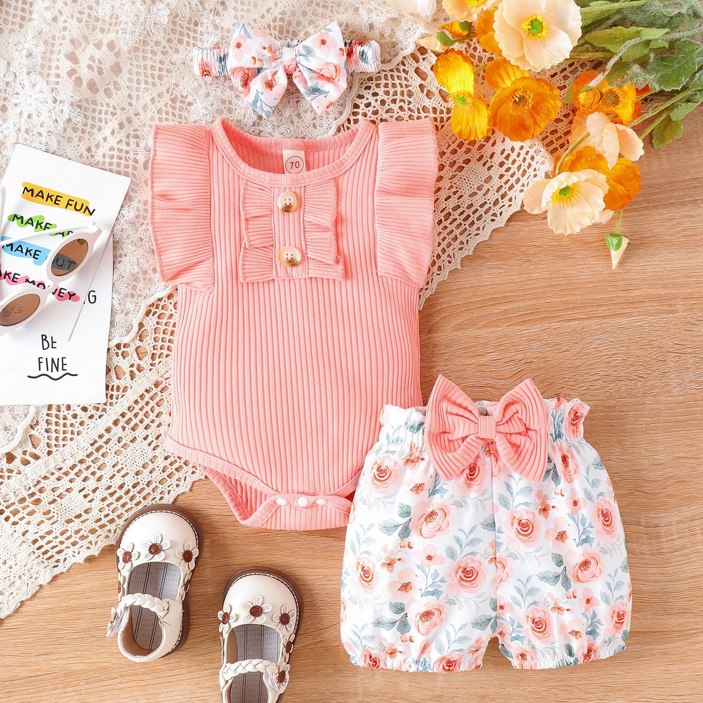 Newborn Baby Girl Clothes Outfits Ruffle Romper and Short Pant Sets with Headband Infant Bodysuits