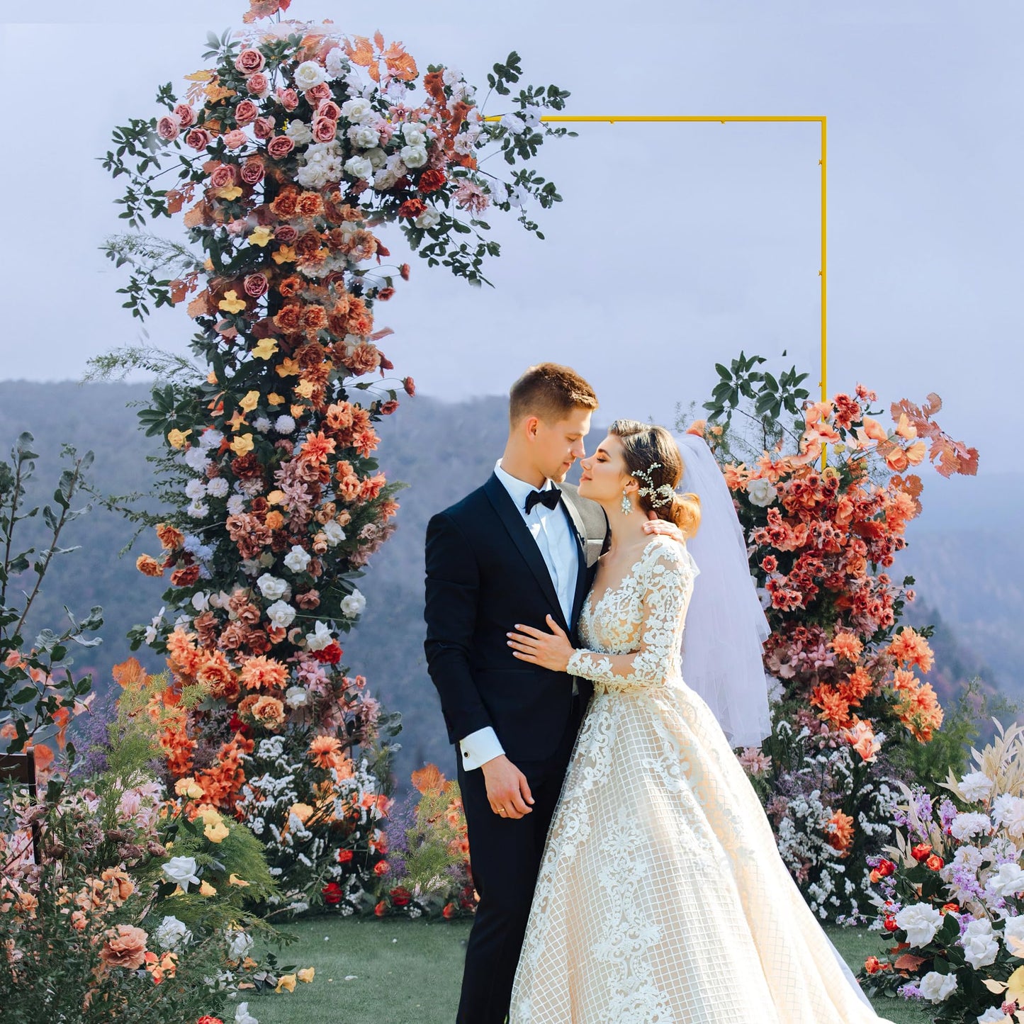 Wokceer Wedding Arch Backdrop Stand Square 6.6FTx6.6FT Gold Metal Balloon Arch Stand Garden Arbor Backdrop Frame for Wedding Birthday Party Baby Shower Photo Booth Background Decoration