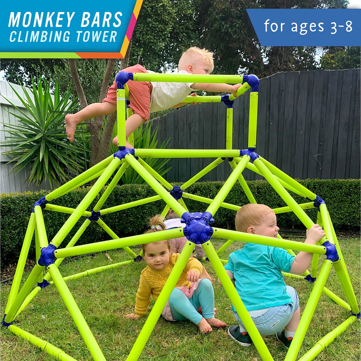 Eezy Peezy Mega Pyramid Monkey Bars Climbing Tower Active Outdoor Fun for Kids Ages 3 to 8 Years Old, Blue/Green