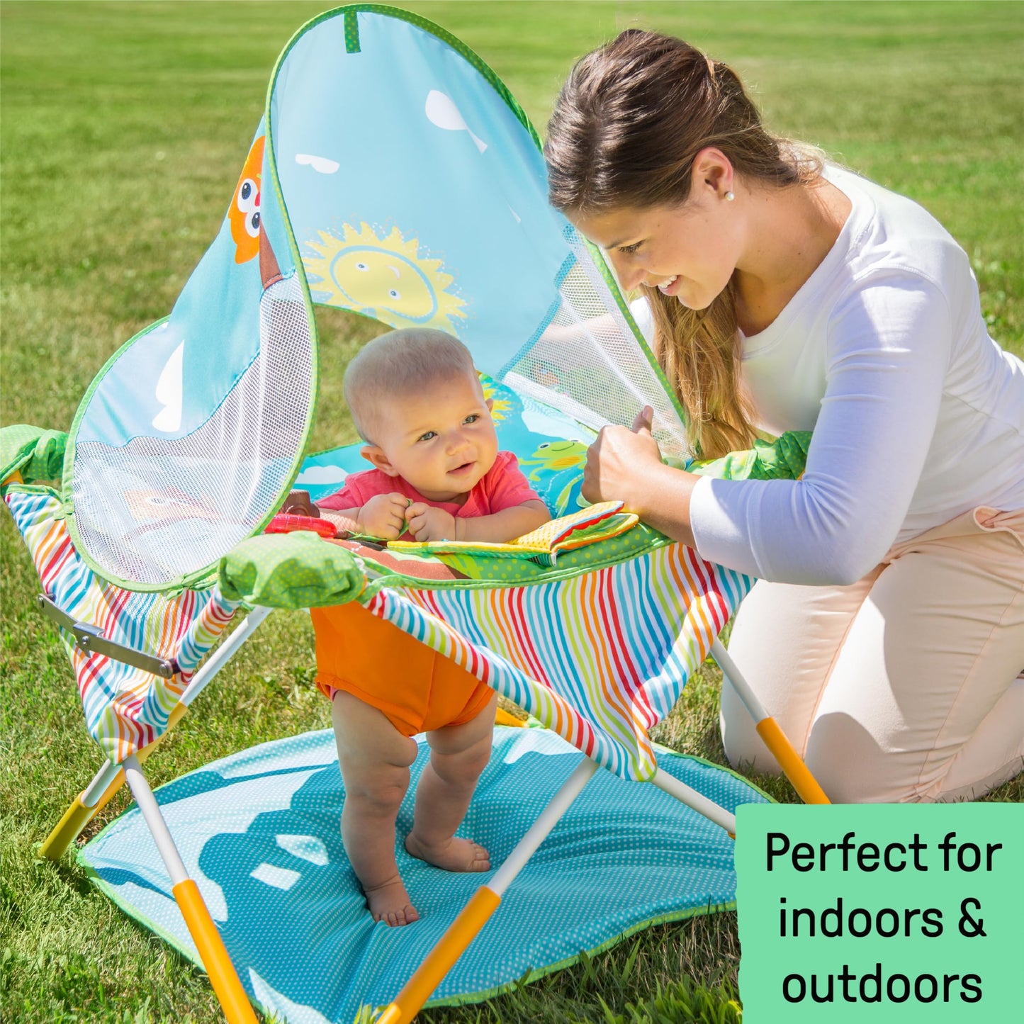 Bright Starts Pop 'N Jump Portable Activity Jumper, Indoor/Outdoor Use, Owl Forest with 4 Sensory Toys, Ages 6-12 Months