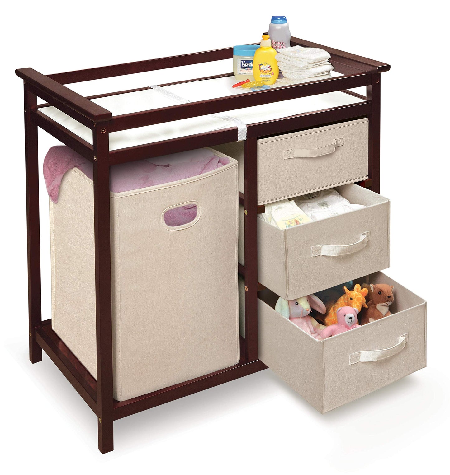 Badger Basket Modern Baby Changing Table - Portable Diaper Station with 3 Drawers Pad & Hamper - Storage Organizer for Baby Clothes, Diapers & Toys - Fresh White/White (34.25 x 20.75 x 34.5)