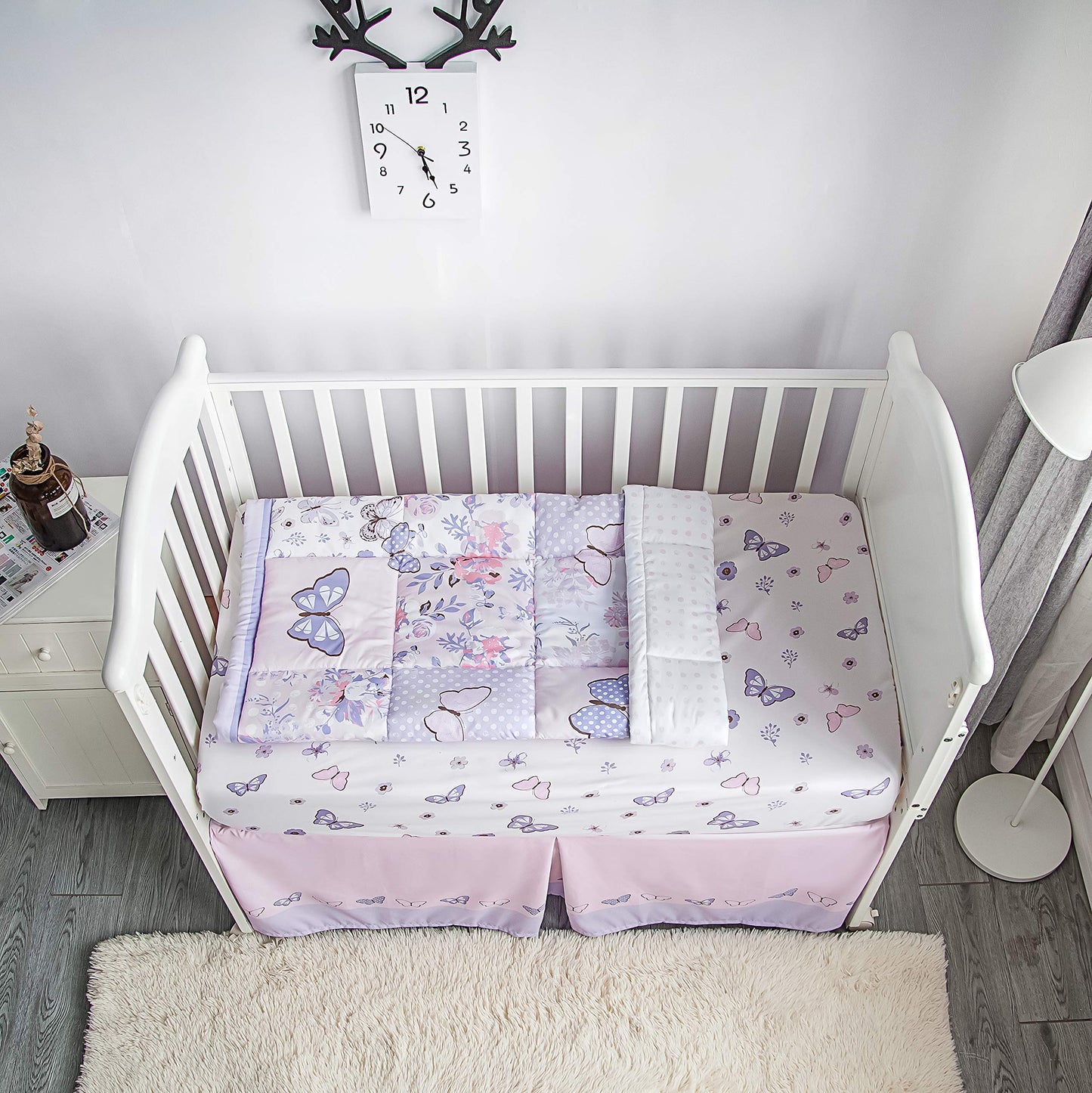 La Premura 3-Piece Purple Butterfly Baby Crib Bedding Set for Girls, Lilac Standard Size Crib Set for Baby Girl, Comforter, Fitted Sheet, and Dust Ruffle Skirt, Baby Nursery Floral Design for Girls