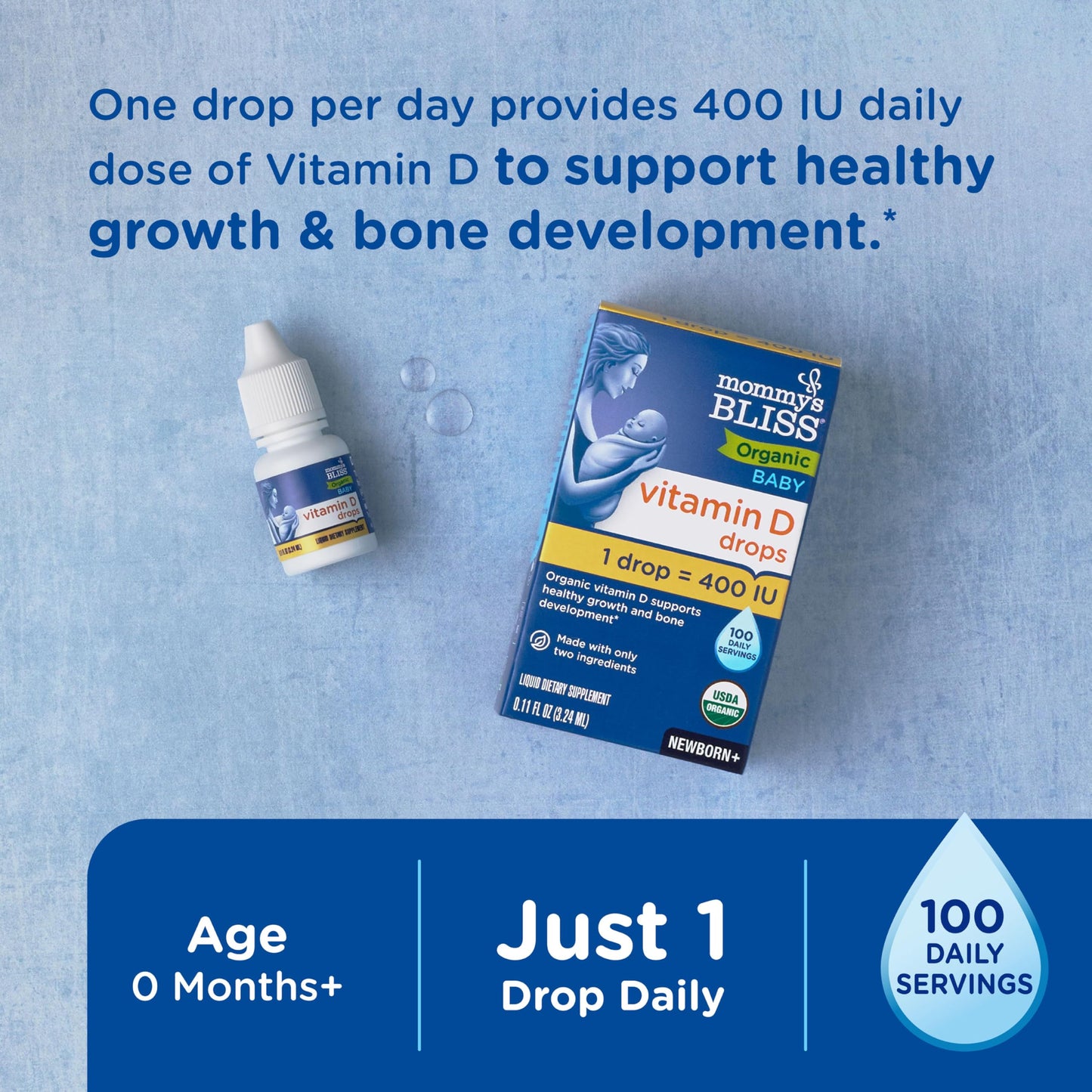 Mommy's Bliss Organic Baby Vitamin D Drops | Promotes Healthy Growth and Bone Development | Age Newborn+ | 0.11 Fl Oz (100 Servings)