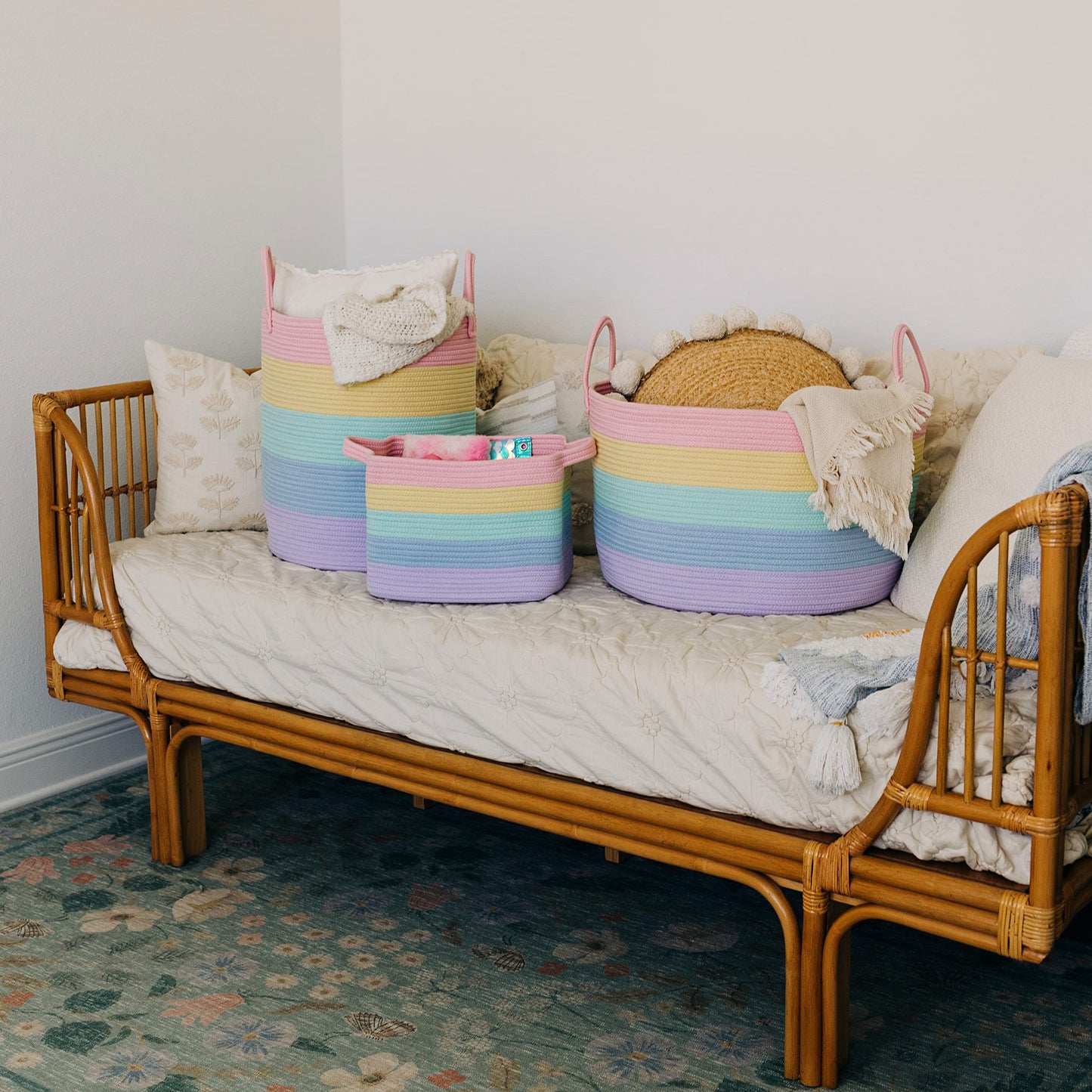 OrganiHaus Large Blanket Basket for Living Room 20x13, Rainbow Rope Basket for Classroom Organization, Toy Storage Basket, Woven Kids Laundry Basket, Baby Toy Box, Cute Storage Basket, Nursery Hamper